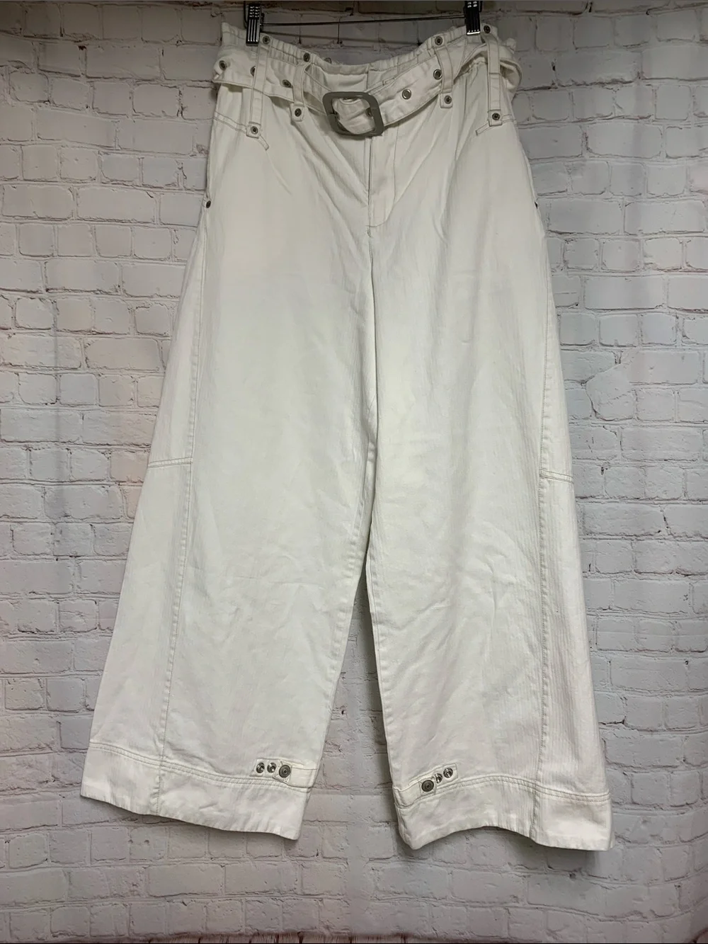 Free People White Cotton Sloane Wide Leg Belted Denim Pants Size L - Picture 2 of 8